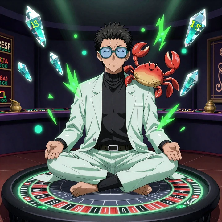 Professor-Sensei meditiert vor Live Casino Roulette Tisch mit Bonus Crab Maskottchen